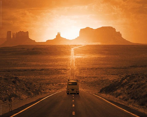 Poster Route 66 - Monument Valley, USA Straße Wüste Sonnenuntergang 50